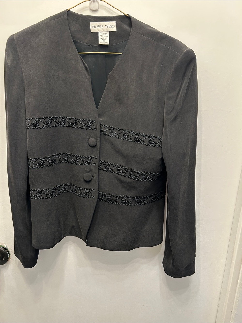 Travis Ayers Black Women's 100% Silk Tailored Blazer with Decorative Trim